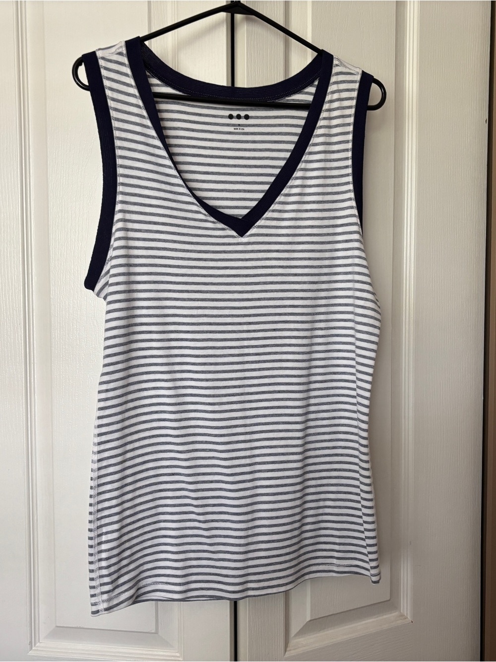 Three Dots White & Navy Striped V-Neck Tank
